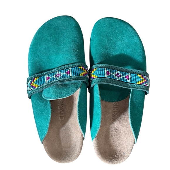 Claris Virot rare georgette suede calfskin clog mules in teal NEW - Picture 2 of 9